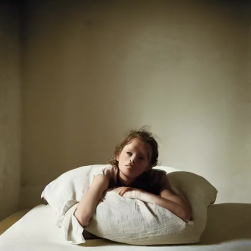 Prompt: portrait of girl in linen clothing falling from the room ceiling into a bed, natural sun lighting, 8 5 mm lens, artistic, photography by annie leibovitz