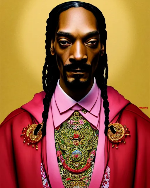 Image similar to portrait of snoop dogg, machine face, upper body, decorated with chinese opera motifs, asian, traditional chinese art, intricate, elegant, highly detailed, digital painting, artstation, concept art, smooth, sharp focus, illustration, art by artgerm and greg rutkowski and alphonse mucha, 8 k