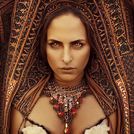 Image similar to vintage portrait of a stunningly beautiful arabic tribal female, depth of field, zeiss lens, detailed, symmetrical, centered, fashion photoshoot, by edward s curtis, Annie Leibovitz and Steve McCurry, David Lazar, Jimmy Nelsson, Breathtaking, 8k resolution, extremely detailed, beautiful, establishing shot, artistic, hyperrealistic, beautiful face, octane render