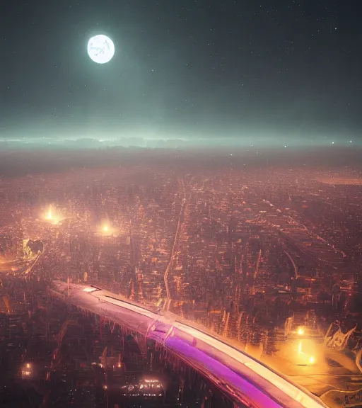 Image similar to surreal synapse town, aerial iridecent veins, moonbow, foggy, dark starry night, octane render, unreal engine, pale colors, high detail, 8 k, wide angle, trending on artstation, behance