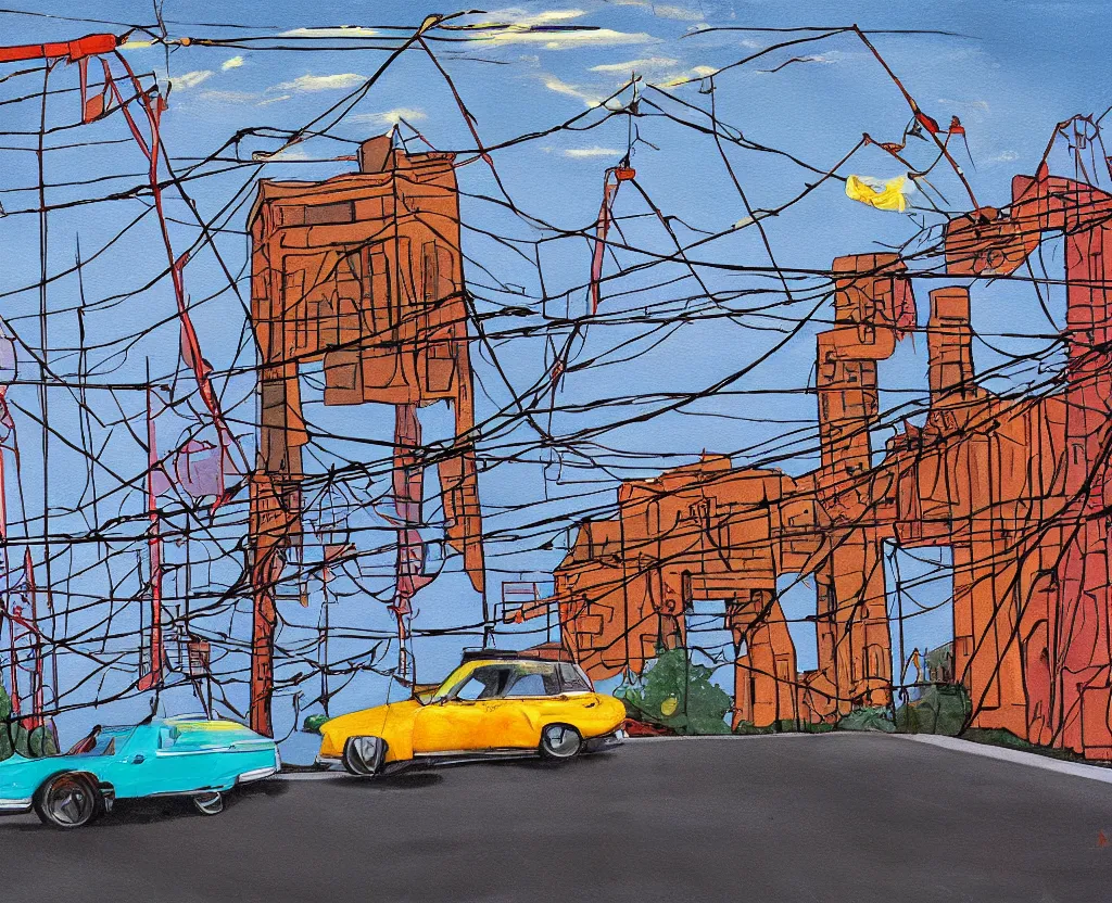 Image similar to a surreal painting of a frightened car being menaced by high - tension wires, saturated color scheme