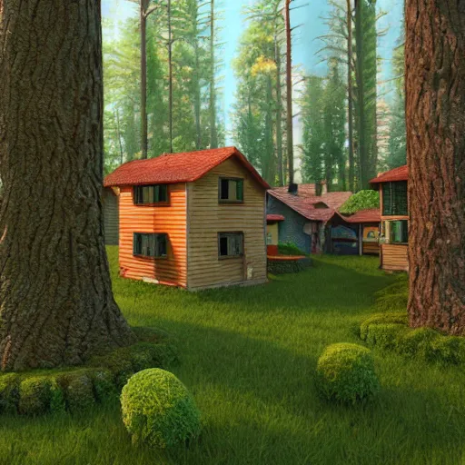 Prompt: woods sculpture of homes, wide shot, vibrant color details, zbrush, hyper realistic, golden ratio, macro lens, unreal engine, octane render, symmetri