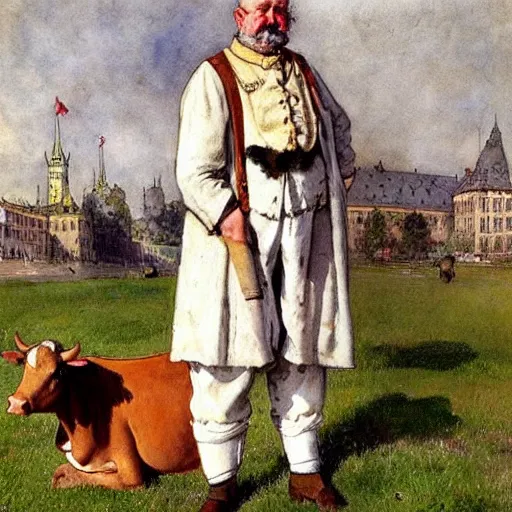 Prompt: painting by zorn, carl larsson, cow, dressed, anthropomorphic!!, wearing!!! clothes!!!, standing next to royal castle!!!