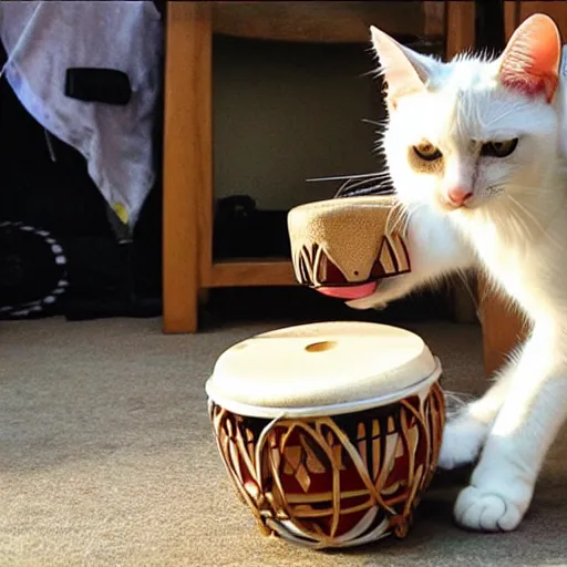 Prompt: photo of a cat playing bongos