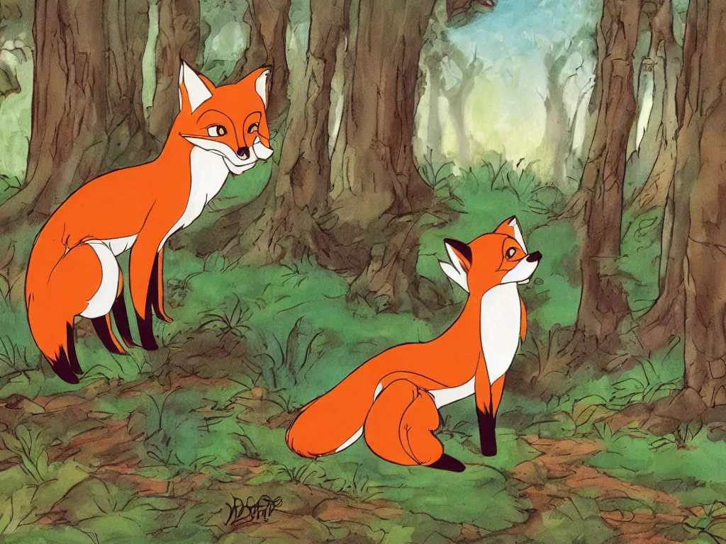 Prompt: a cute fox in the woods by don bluth, disney illustration style,