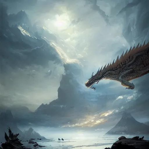 Prompt: a long white oriental dragon, landscape, by greg rutkowski, fantastic