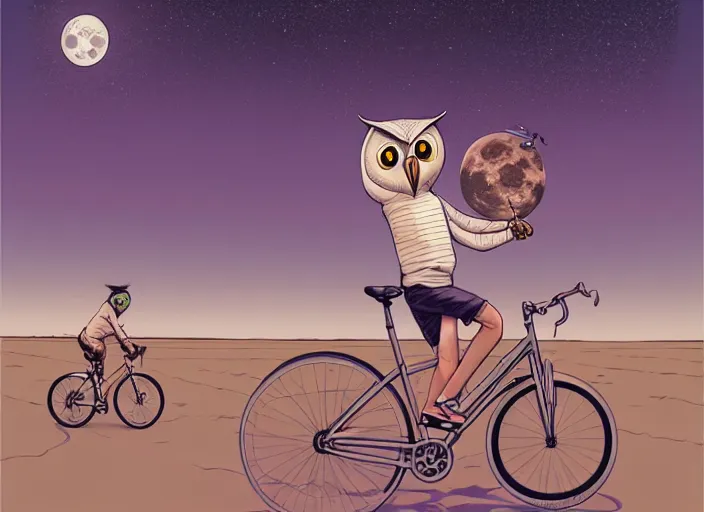 Image similar to a cell shaded cartoon owl riding a bicycle, with a big head, on a desert road, wide shot, in front of a big moon, muted colors, post grunge, josan gonzales, wlop, by james jean, victor ngai, hq, deviantart, art by artgerm