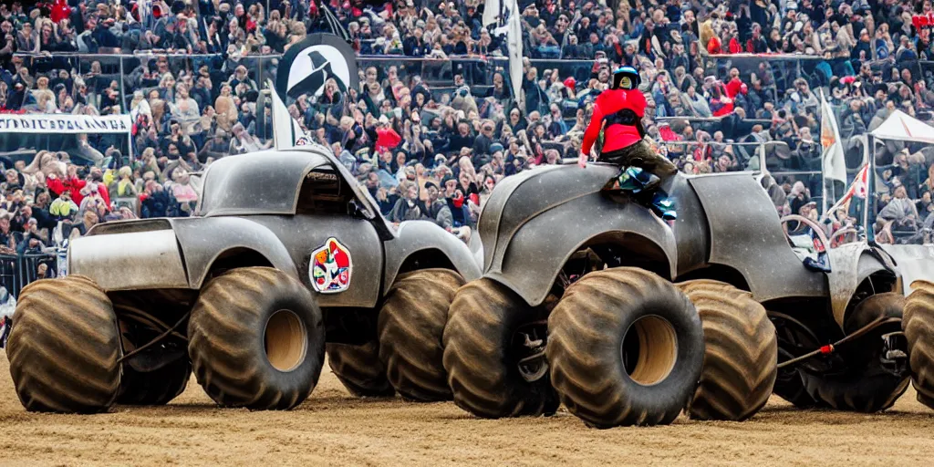 Prompt: medieval cavalry at a monster truck rally