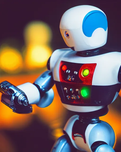 Image similar to high quality presentation photo of a retro toy robot, photography 4k, f1.8 anamorphic, bokeh, 4k, Canon, Nikon