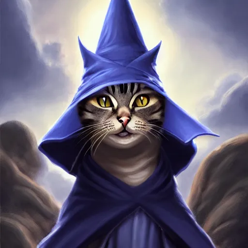 Prompt: matte oil painting of a bipdel cat wearing long wizard robes, anthropomorphic cat wearing a wizard hat, dnd, character reveal, magic, posing, full body portrait, high resolution, detailed, inspiring, award - winning