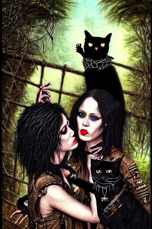 Image similar to punk rock girls kissing and making selfie with black cats in jungle , 1980 style, mad max jacket, post apocalyptic, Cyberpunk, renaissance, Gothic, mystic, highly detailed, digital painting, 4k, fog, oil painting by Leonardo Da Vinci, hyper realistic style, fantasy by Olga Fedorova