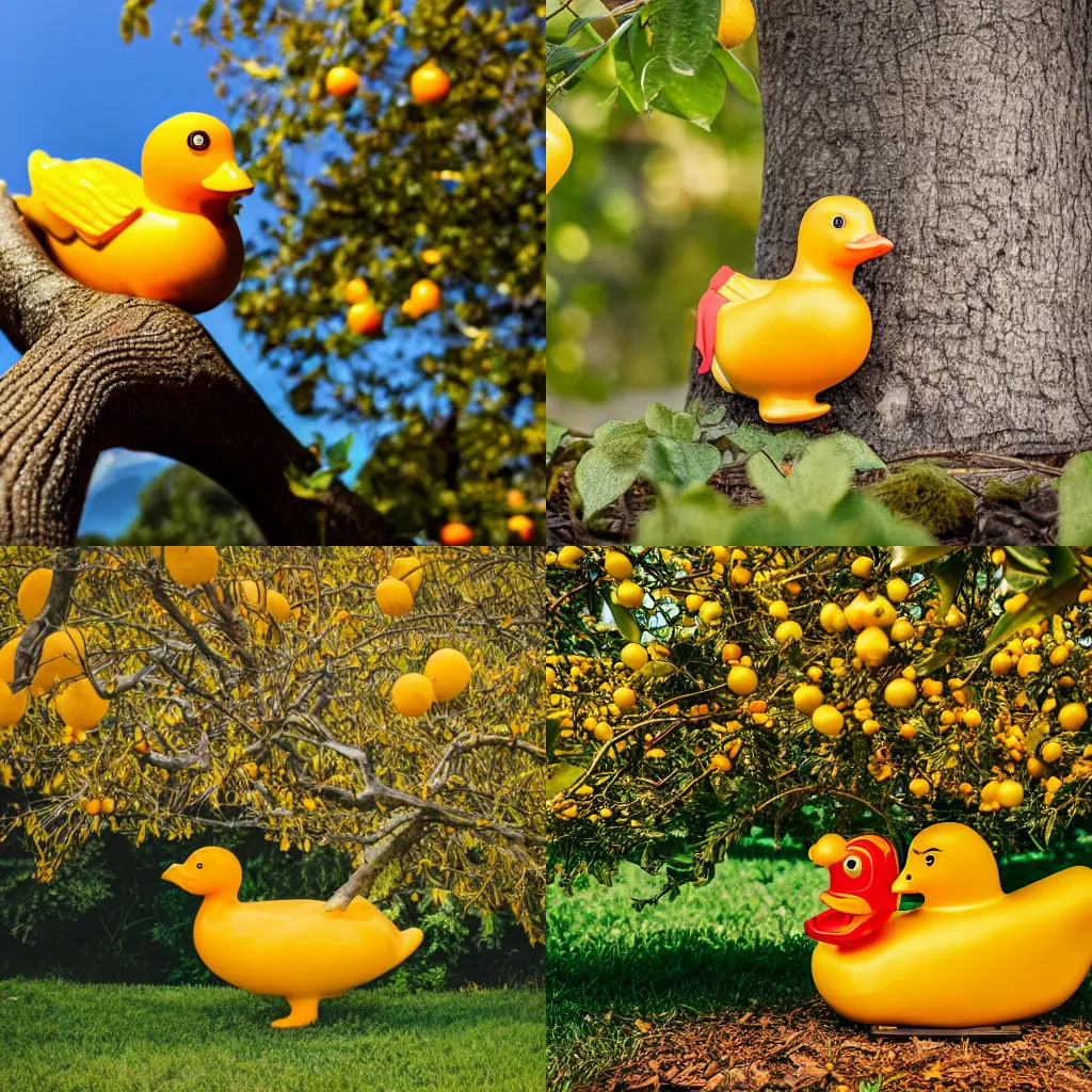 Prompt: a golden rubber ducky under an orange tree, high quality DSLR photography, professional photo