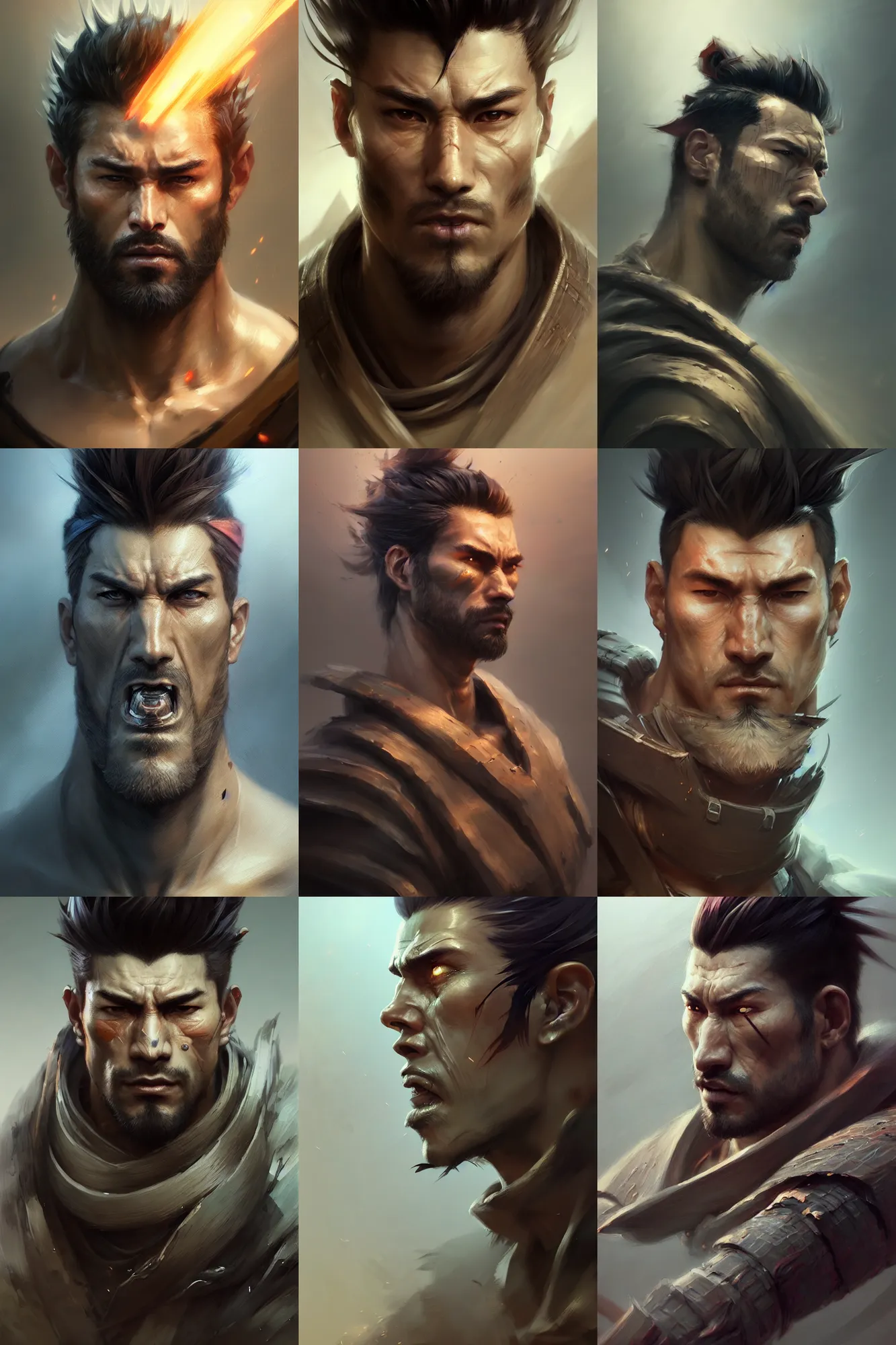 Prompt: face portrait of a handsome and ripped ronin, square jaw, short messy hair, wearing a haori, by wlop and peter mohrbacher, dramatic action pose, extremely detailed shading, sharplyfocused, concept art, digital painting, trending on artstation, unreal engine 5, octane render, atmosphere, glow, cinematic lighting, full of color