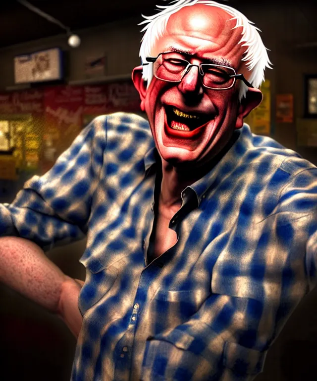 Image similar to hyperrealistic mixed media painting of Bernie Sanders as a laughing drunk, tattered plaid shirt, dimly lit dive bar, stunning 3d render inspired art by P. Craig Russell and Barry Windsor-Smith + perfect facial symmetry + dim volumetric lighting, 8k octane beautifully detailed render, post-processing, extremely hyperdetailed, intricate, epic composition, grim yet sparkling atmosphere, cinematic lighting + masterpiece, trending on artstation, very very detailed, masterpiece, stunning