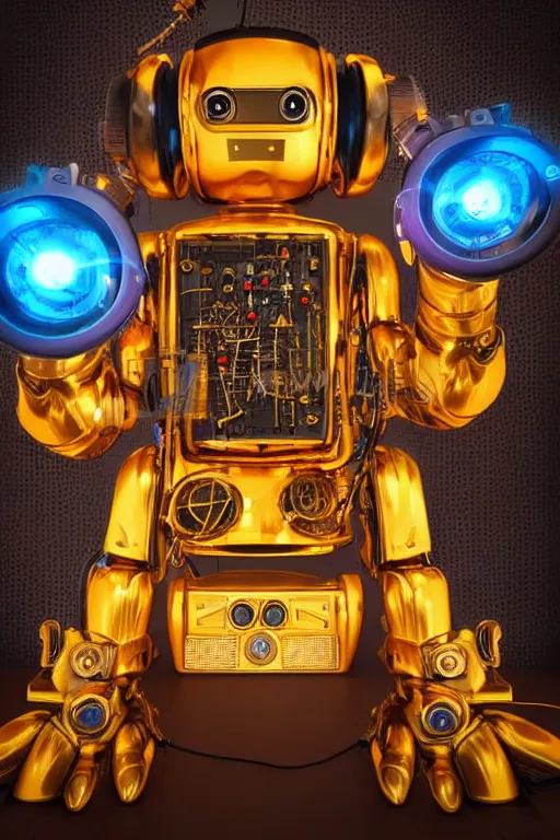 Image similar to portrait photo of a giant huge golden and blue metal humanoid steampunk robot singer with headphones and big gears and tubes, robot is falling apart, eyes are glowing red lightbulbs, shiny crisp finish, 3 d render, 8 k, insaneley detailed, fluorescent colors, background is multicolored lasershow