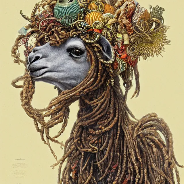 Image similar to llama with dreadlocks, by mandy jurgens, ernst haeckel, james jean. in the style of art deco