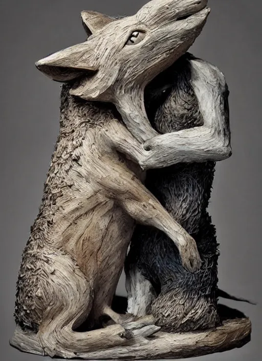 Prompt: sculpture of rat kissing the fox made of wood, portrait, female, future, wood, tree, harper's bazaar, vogue, magazine, insanely detailed and intricate, concept art, close up, ornate, luxury, elite, elegant, trending on artstation, by ruan jia, by Kenneth Willardt, by ross tran, by WLOP, by Andrei Riabovitchev,