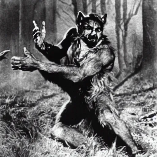 Prompt: film still of a werewolf extending his hand in the wolf man 1 9 4 1