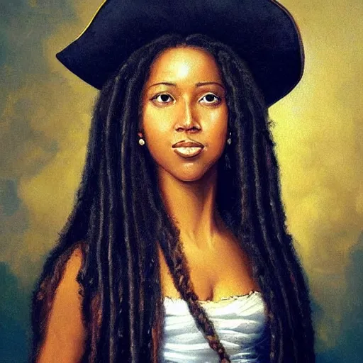 Image similar to oil painting, smiling, happy, beautiful, intelligent, caribbean, fierce, powerful, tanned, female pirate captain 2 8 years old, flowing long hair, fully clothed, wise, beautiful, masterful 1 7 2 0 s oil painting, dramatic lighting, sharp focus