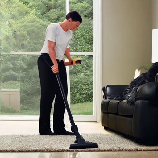 Image similar to Darth Vader vacuuming the house, photo realistic, award-winning, highly-detailed