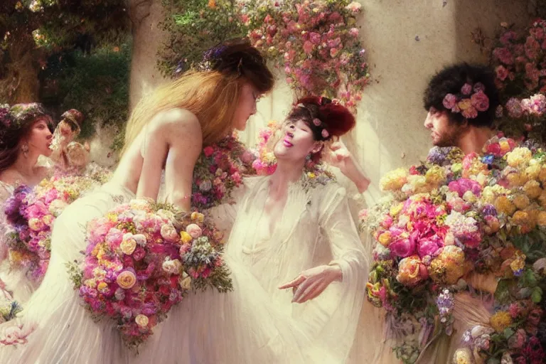 Image similar to the groom look at the bride at a wedding full of flowers, bright and happy, dreamlike art, highly detail, 4 k realistic, wedding photoy krenz cushart, artem demura, yoji shinkawa artgerm, jon lothian, danilo torres. adi meyers. thomas reimann. gaston bussiere.