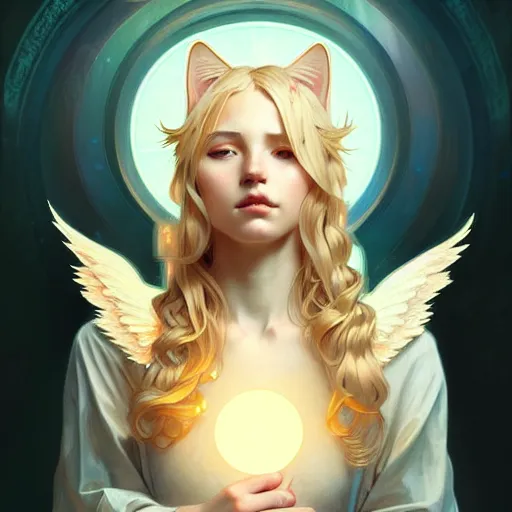 Image similar to Portrait of a girl angel with blonde hair, cat ears, glowing halo, wings, fantasy, intricate, elegant, highly detailed, digital painting, artstation, concept art, smooth, sharp focus, illustration, art by Krenz Cushart and Artem Demura and alphonse mucha