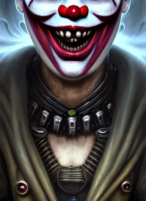 Image similar to closeup portrait shot of a evil clown in a scenic dystopian environment, intricate, elegant, highly detailed, centered, digital painting, artstation, concept art, smooth, sharp focus, illustration, artgerm, tomasz alen kopera, peter mohrbacher, donato giancola, joseph christian leyendecker, wlop, boris vallejo