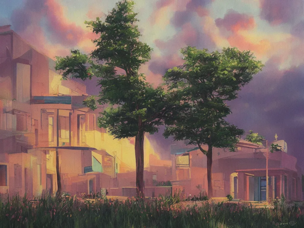 Image similar to A beautiful painting of a building in a serene landscape, retrowave