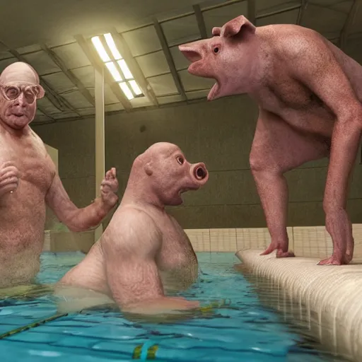 Image similar to photo, two old men fight pig mutants 5 3 8 2 8 inside a swimming pool, highly detailed, scary, volumetric lighting, front view