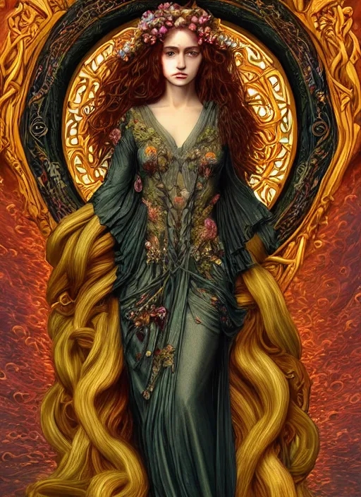 Image similar to ultradetailed ornate pre-raphaelite RPG illustration of beautiful symmetric Medusa radiating glowing aura, fully clothed with an art nouveau flowery dress, digital airbrush painting, 3d rim light, hyperrealistic masterpiece, artstation, cgsociety, kodakchrome, golden ratio