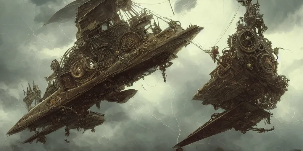 Prompt: ultra realistic illustration,, gothic steampunk airship flying in a storm from doom and warhammer, intricate, elegant, highly detailed, digital painting, artstation, concept art, smooth, sharp focus, illustration, art by artgerm and greg rutkowski and alphonse mucha