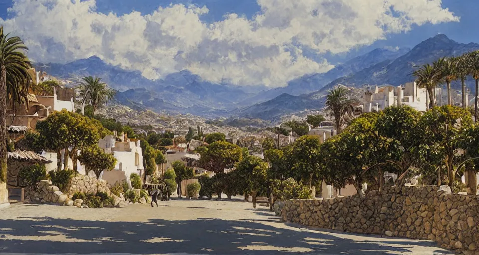 Image similar to Ted Nasmith painting of a Marbella city street landscape