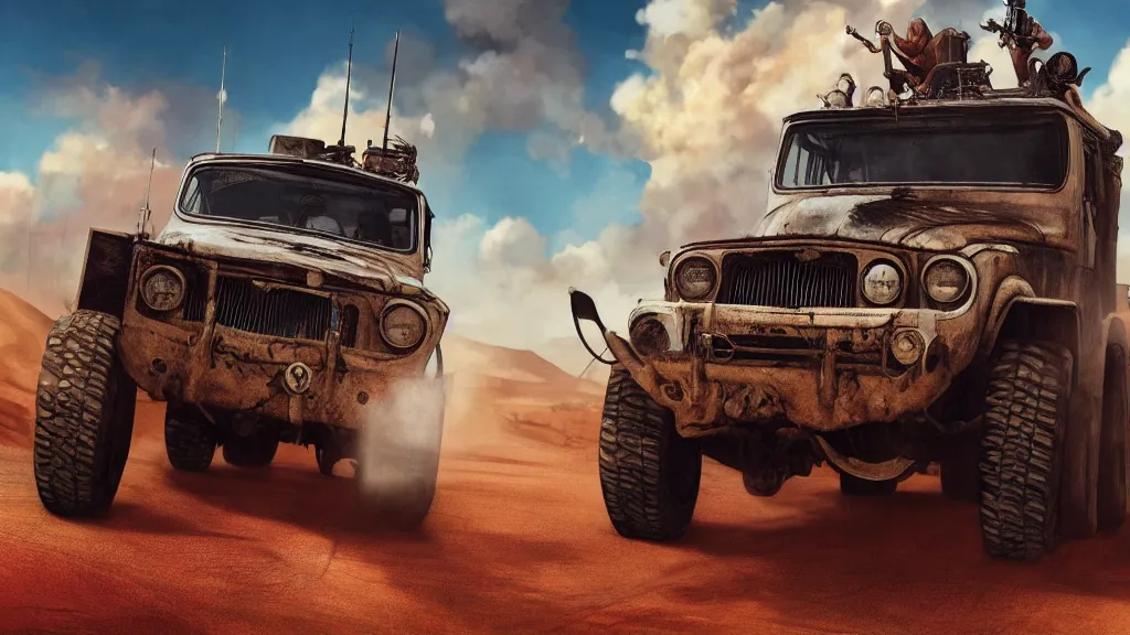 Prompt: digital illustration of mad max's fj 4 0 pursuit special riding fury road eternal shiny and chrome, world of fire and blood, the last v 8 interceptor driving down to the gates of valhalla highway, by makoto shinkai, ilya kuvshinov, lois van baarle, rossdraws, basquiat, global illumination ray tracing hdr