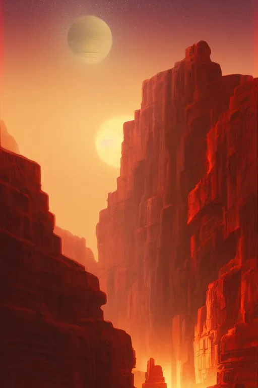 Image similar to ancient temples glowing red in canyon, monks, ruins, light streaks in the sky, floating planets and moons, dramatic lighting, artstation, matte painting, ralph mcquarrie, simon stalenhag