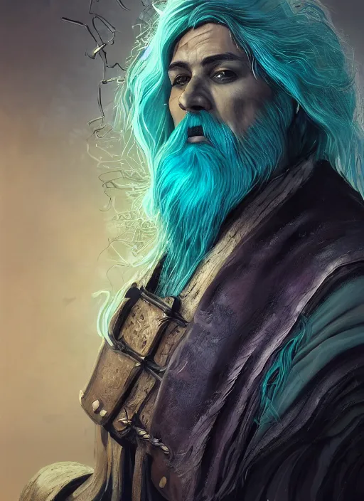 Image similar to An epic fantastic realism comic book style portrait painting of arrogant aasimar hexblade warlock, teal electricity, male, shaggy silver hair, short beard, dark gray cloak, 4k, 8k, Apex Legends Concept Art, D&D Concept Art, unreal 5, DAZ, hyperrealistic, octane render, cosplay, RPG portrait, dynamic lighting