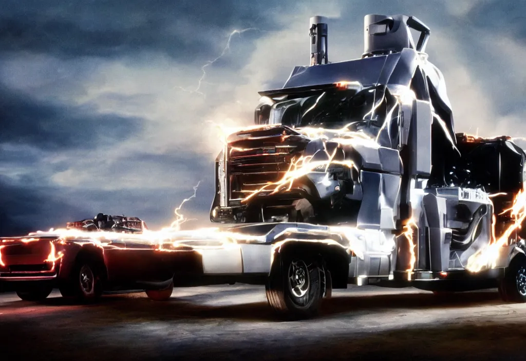 Prompt: a tesla cybertruck on the movie back to the future 2, reaching 8 8 mph, movie still, 4 k, movie grain, remastered, cinema, dramatic illumination, detailed, real,