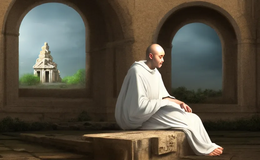 Prompt: very distant monk wearing a white garment and sitting inside a great ruined marble temple while being illuminated by daylight, vegetation, detailed, photorealism, digital painting, 4k