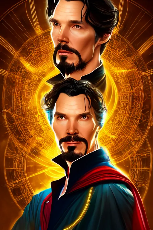 Image similar to Portrait of a doctor strange with dark hair, elegant, photorealistic, highly detailed, artstation, smooth, sharp focus, gold ornaments, neon lighting, sci-fi, art by Klimt