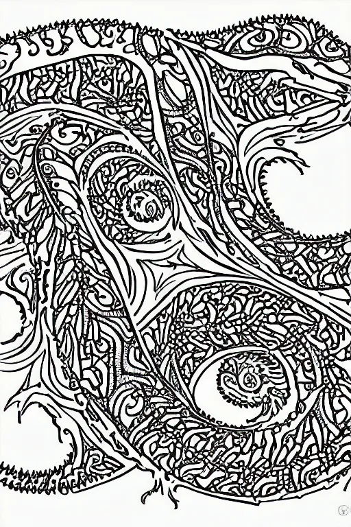 Prompt: lizard, ornaments, fractal, ink drawing, line art colouring page