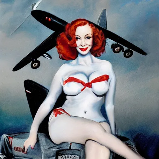 Prompt: Fully-clothed full-body portrait of Christina Hendricks as a pinup painting on world war II bomber