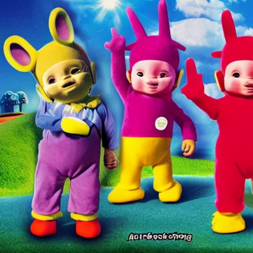 Prompt: a teletubbies toy commercial in the style of the cover to twisted metal : black