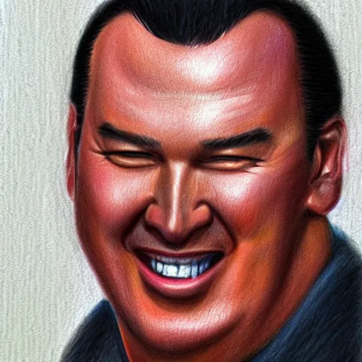 Image similar to a pastel drawing of early 90's Steven Seagal with a big smile on his face, highly detailed, bright, trending on artstation