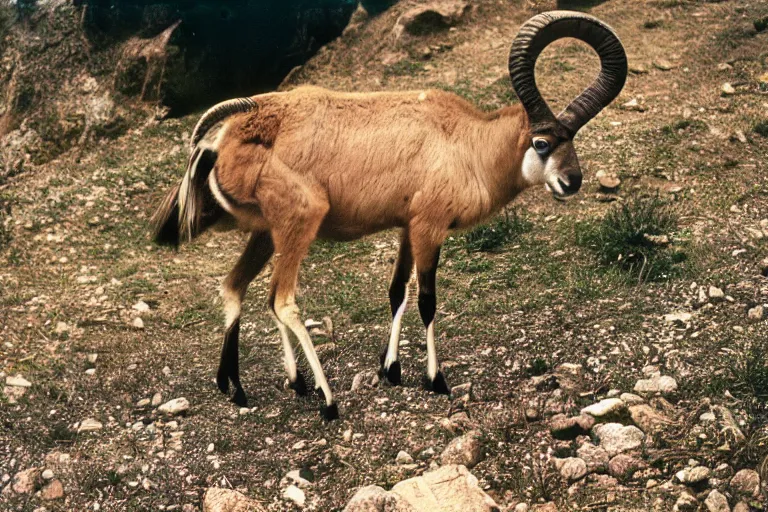 Prompt: a photo of a kakuna ibex in its natural habitat, kodak ektachrome e 1 0 0 photography