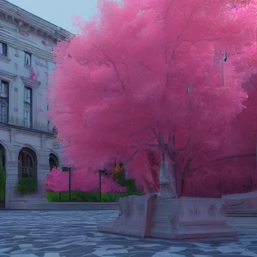 Prompt: 8k, octane render, realism, tonalism, renaissance, rococo, baroque, empty renaissance park, pink flowers, chaotic gold leaf flowers