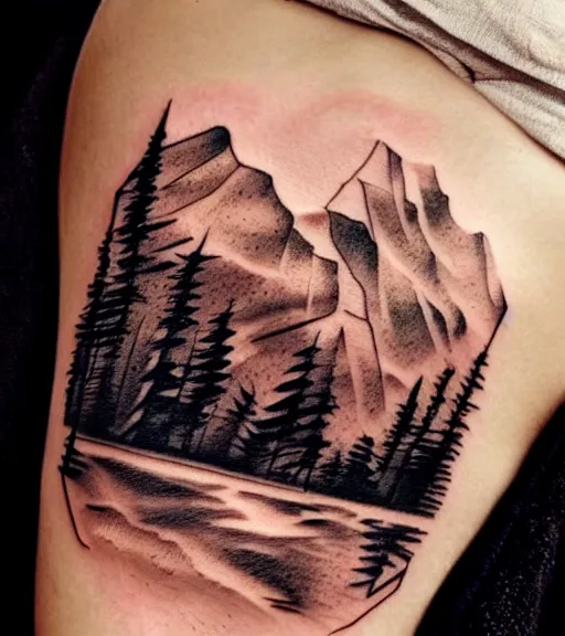 Image similar to creative double exposure effect tattoo design sketch of margot and beautiful mountains and nature, margot robbie, mountain scenery, realism tattoo, in the style of matteo pasqualin, amazing detail, sharp