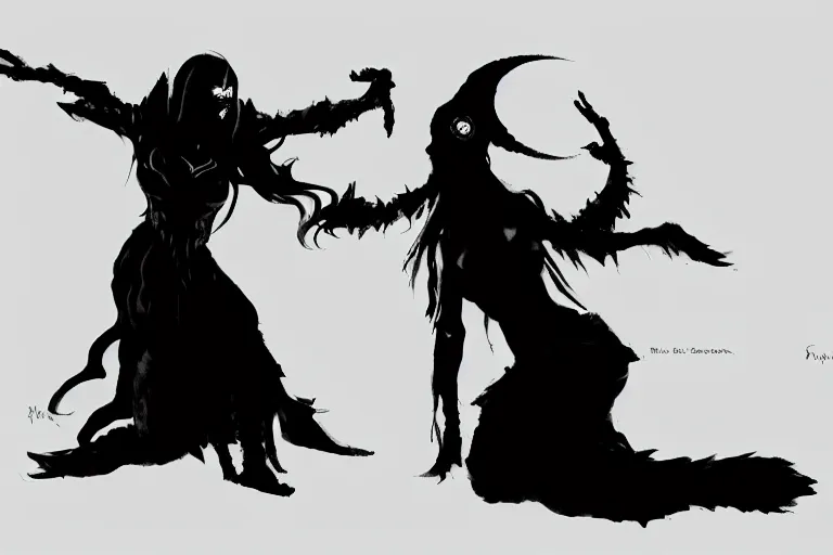 Image similar to the silhouette of the dark sorceress as she bestows her magic upon her disciple, which is kneeling in front of her, concept art, trending on artstation HD, glowing magic,