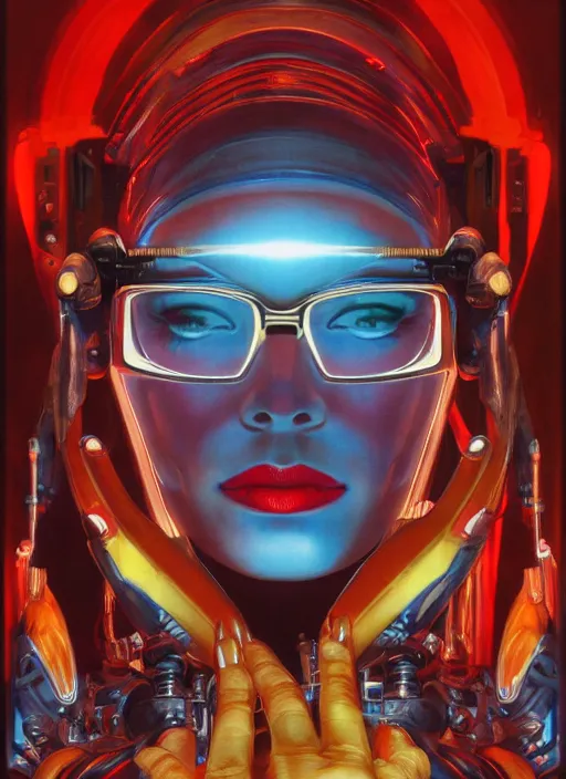 Prompt: ( symmetry ) closeup portrait of a stunning cyborg female scientist, blue glasses, strong cinematic light, backlight glow, red yellow, viscous smoke, vapour, mist, by gerald brom, by mikhail vrubel, by peter elson, muted colors, extreme detail, trending on artstation, 8 k