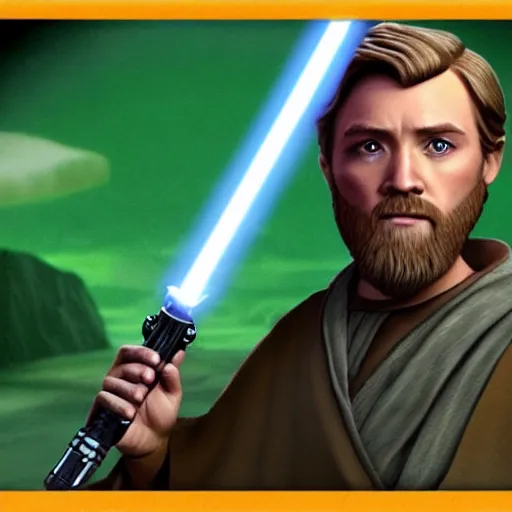 Prompt: Vinesauce Joel as Obi-Wan Kenobi holding a lightsaber in the film Star Wars