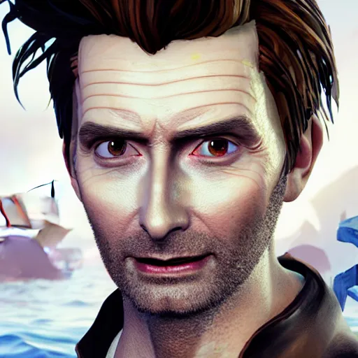 Image similar to david Tennant in the Sea of thieves, 85mm photography, ultra detailed, sharp focus, art by artgerm, 8k, game screenshot, hyperrealistic