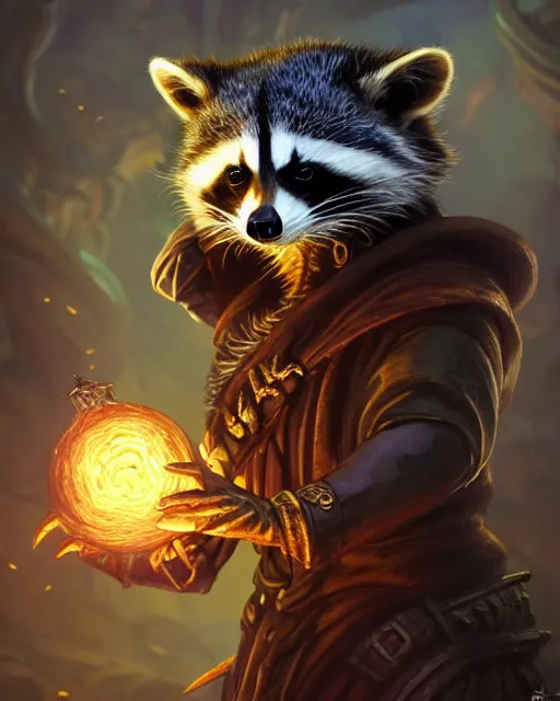 Image similar to closeup 2 8 mm anthropomorphic warlock raccoon casting a spell in a castle, d & d, fantasy, intricate, action pose, particle effects, highly detailed, digital painting, artstation, concept art, matte, sharp focus, volumetric lighting, illustration, hearthstone, art by artgerm, wlop, greg rutkowski and alphonse mucha